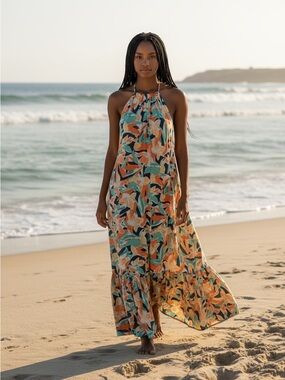 Nine West abstract floral halter style Maxi sun dress blue pink orange  2X